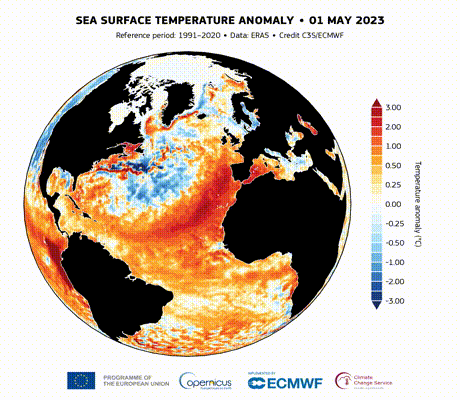 Le anomalie di temperature sul nord Atlantico tra maggio e luglio 2023